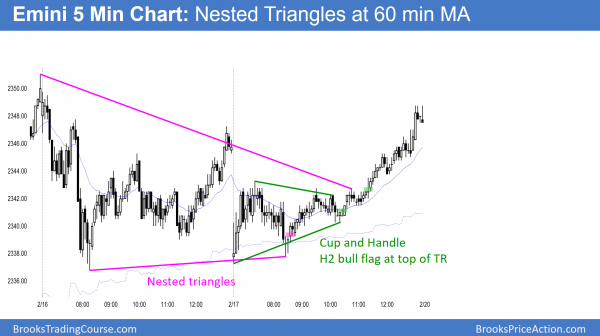 Emini bull flag, but buy climax at 2350 resistance<br />Intraday market update: February 17, 2017 2 Emini nested triangles in trump rally