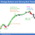 Emini bear trend from the open ended with wedge bottom and streak of 13 bull bars in buy the close bull trend buy climax
