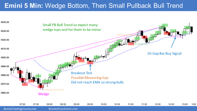 Emini wedge bottom and then small pullback bull trend with measured move up after breakout test