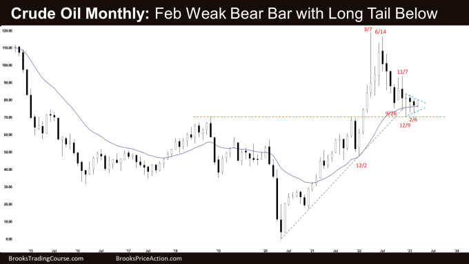 Crude Oil February Weak Bear Bar with Long Tail below on Monthly Chart